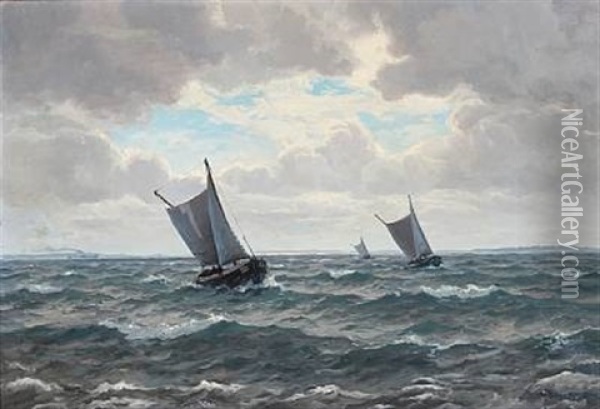Seascape With Fishing Boats On Open Sea Oil Painting - Christian Benjamin Olsen