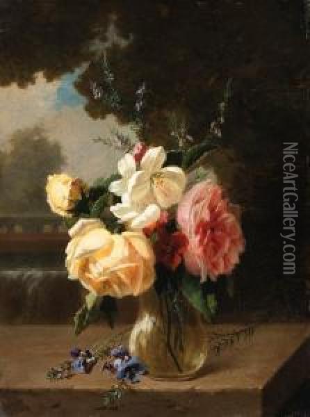 A Vase Of Flowers On A Stone Ledge By A Waterfall Oil Painting - Henri Robbe