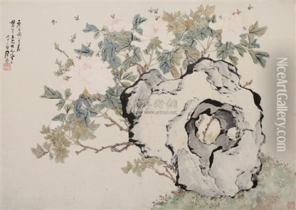 Bee, Flowers And Rock Oil Painting -  Ju Lian