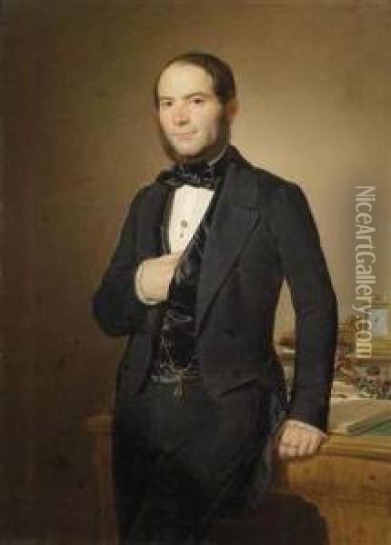 Portrait Of A Gentleman In Front Of An Antique Desk Oil Painting - Josef Weidner