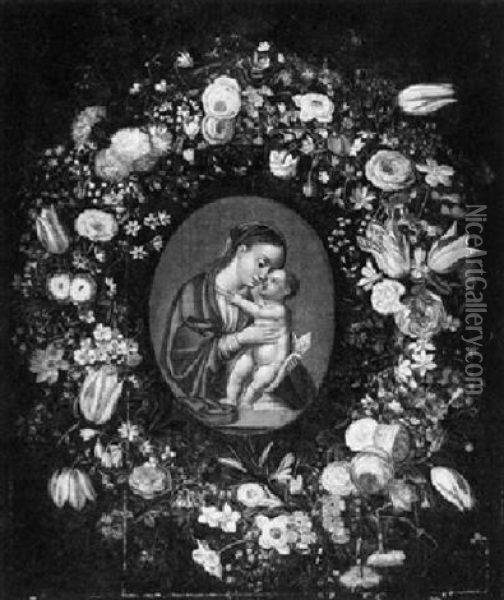 The Madonna And Child Encircled By A Garland Of Flowers Oil Painting - Jan van Kessel the Elder