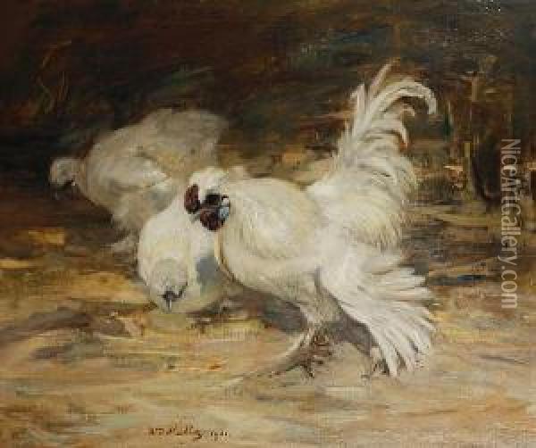 Silky Bantams In A Farmyard Oil Painting - William Walls