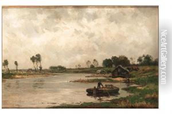 A River Landscape With A Peasant On A Barge Oil Painting - Willem Cornelis Rip