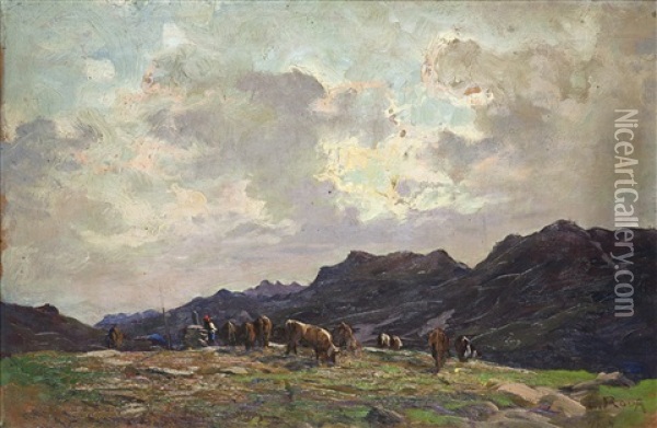 Pascolo In Alta Montagna (val D'aosta) Oil Painting - Leonardo Roda