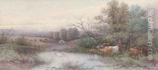 Cattle watering at dusk (illustrated); and Sheep resting by a river Oil Painting - Thomas Rowden