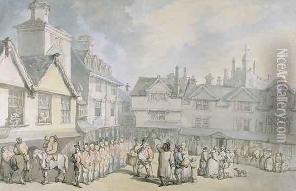 A Review in a Market Place, c.1790 Oil Painting - Thomas Rowlandson