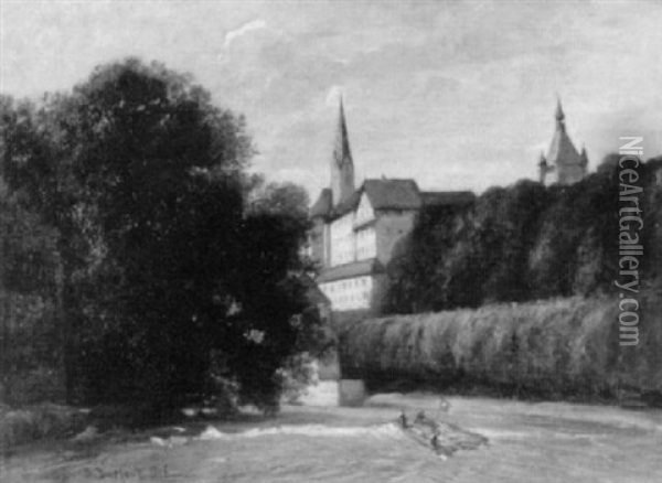 Flusslandschaft Mit Floss Vor Einer Stadt Oil Painting - Alfred-Paul-Emile-Etienne Dumont