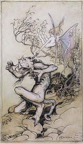 Sprite and Monster,an illustration from Tales from Shakespeare by Charles 1775-1834 and Mary Lamb 1764-1847 1909 Oil Painting - Arthur Rackham