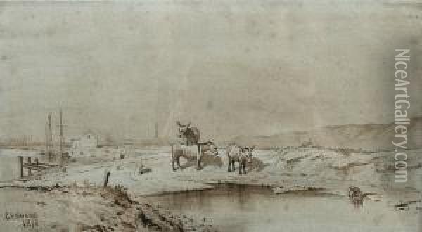 Three Donkeys By A Creek, Nelson's Column At Yarmouth Beyond Oil Painting - Charles Harmony Harrison