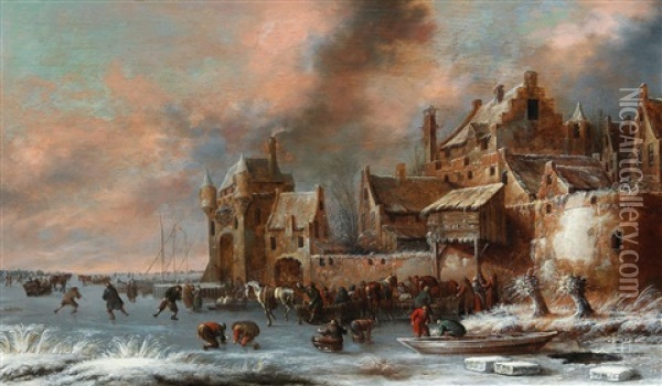 A Winter Landscape With Ice Skaters Outside The Gates Of A Town Oil Painting - Thomas Heeremans