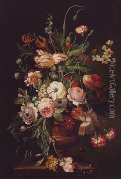 Still Life Of Roses, Variegated Tulips, Carnations, Chyrsanthemums And Other Flowers In A Vase, Upon A Stone Pedestal Oil Painting - Justus van Huysum the Elder