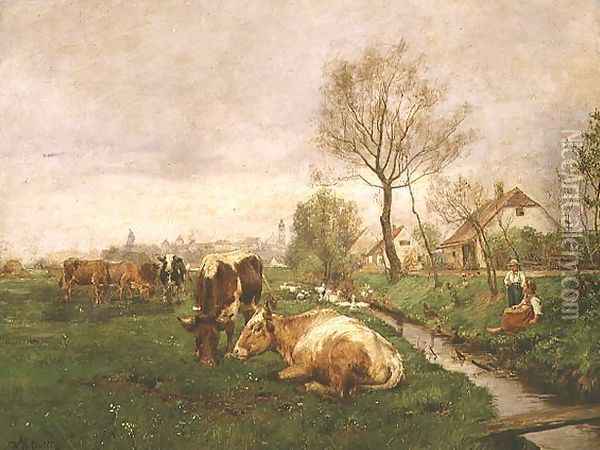 Landscape with Cows and a Stream Oil Painting - Karl Stuhlmuller