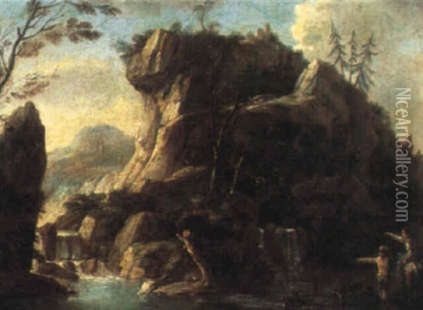 Rocky River Landscape With Figures By A Cascade Oil Painting - Hendrick Frans van Lint