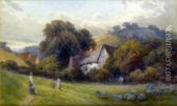 The Valley Farm, With Figures On A Rural Path And Sheep Grazing Oil Painting - Frank Gresley