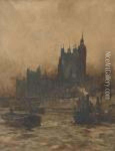Tugs And Barges On The Thames Before The Palace Of Westminster Oil Painting - Charles Edward Dixon