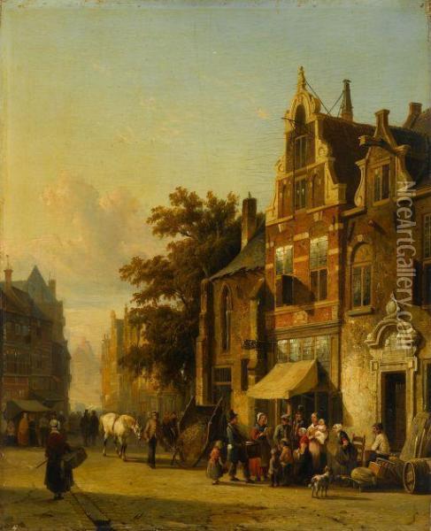 Street Scene With Figures Oil Painting - Cornelis Springer