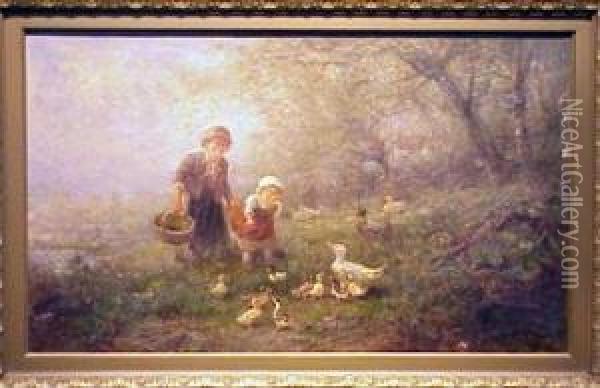 Feeding The Ducks Oil Painting - James Crawford Thom