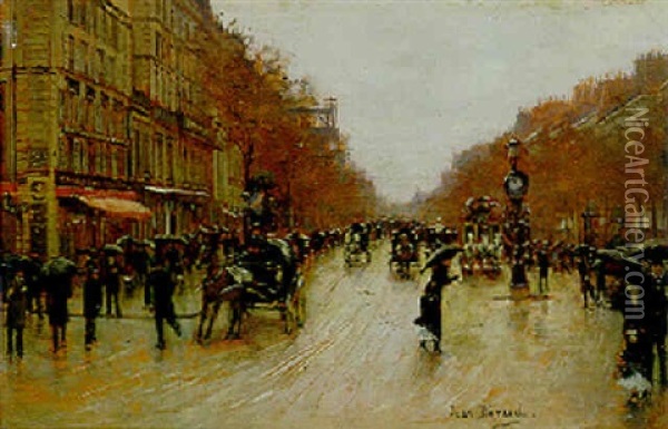 A Rainy Boulevard, Paris Oil Painting - Jean Beraud