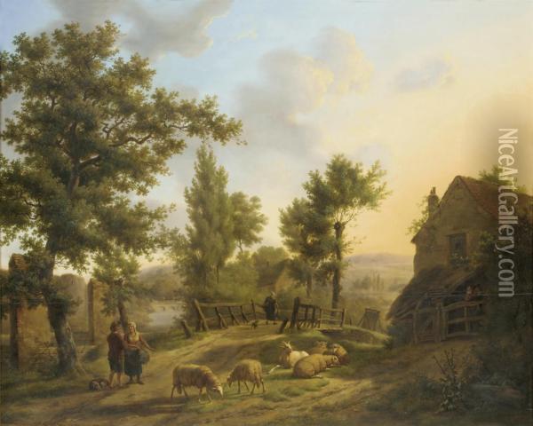 Figures In A Rural Landscape Oil Painting - Jeanne Marie Josephine Hellemans