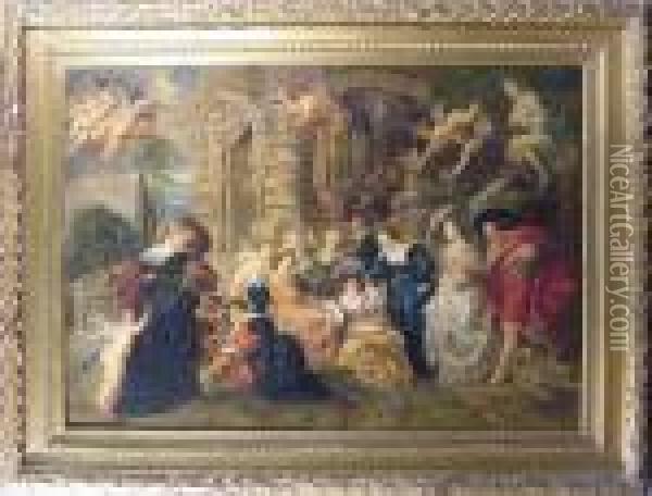 Numerous Figures Gathered By A Classical Building Oil Painting - Peter Paul Rubens