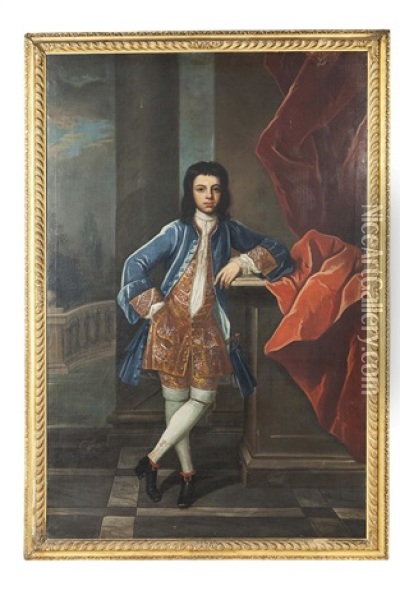 Full Length Portrait Of Peter King, Aged 12, In Blue Coat And Embroidered Waistcoat And Breeches Oil Painting - Daniel de Coning
