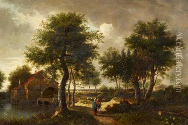 Landscape With Water Mill And Figures Oil Painting - Meindert Hobbema