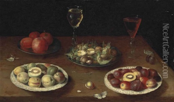 Hazelnuts And Walnuts, And Apples On Pewter Platters, Plums And Nectarines On Porcelain Plates, With Glasses Of Red And White Wine, And A Butterfly Oil Painting - Osias Beert the Elder