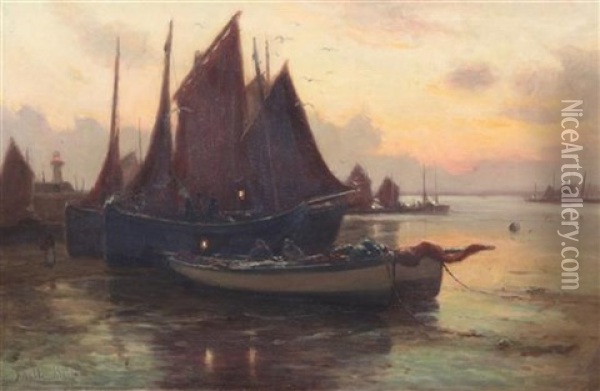 Newlyn Harbour Oil Painting - John Noble Barlow