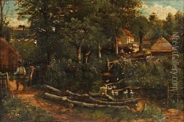 Mill Pond Scene, Gloucestershire Oil Painting - John Joseph Hughes