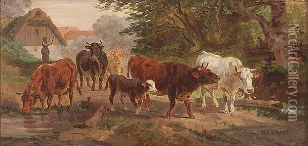 Cattle By The Roadside Oil Painting - Henry Bryant