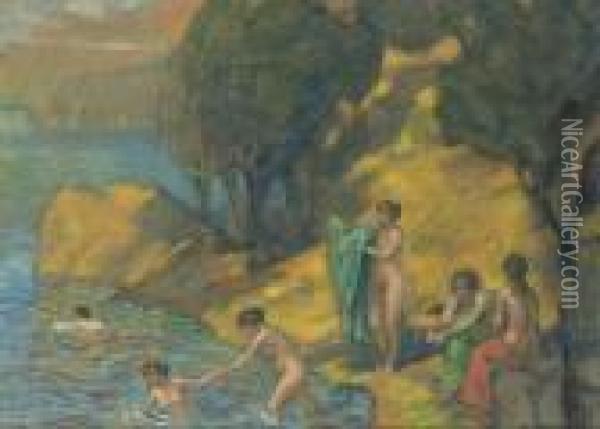Bathers At The Lake Oil Painting - Ludwig Von Hofmann