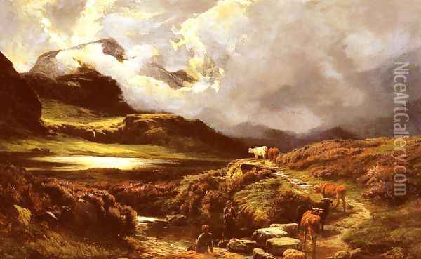 Cattle and Drovers on a Path, Styhead Pass, Cumberland Oil Painting - Sidney Richard Percy