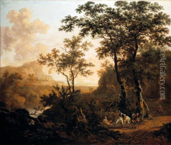An Extensive Wooded River Landscape With Travellers On A Rocky Road, Ruins And Mountains Beyond Oil Painting - Dirck Dalens II