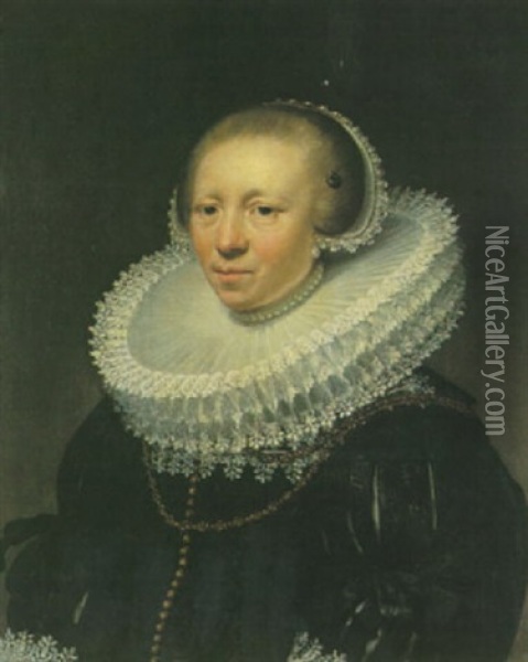 Portrait Of A Lady, Wearing A Black Dress And Broad White Lace Ruff Oil Painting - Jan Anthonisz Van Ravesteyn