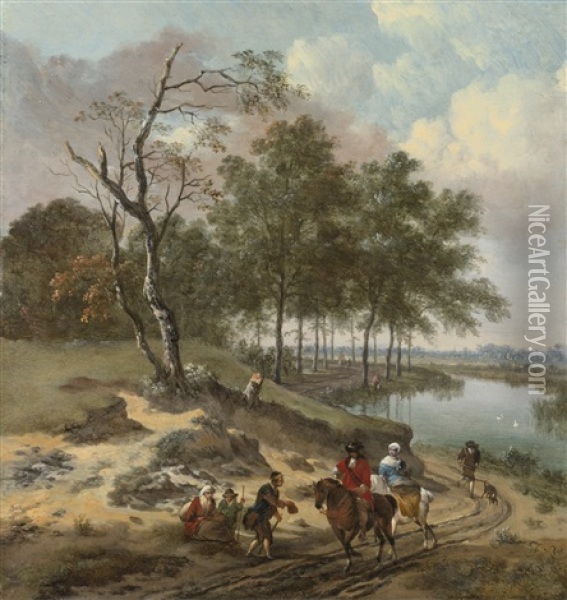 A River Landscape With Elegant Travelers And A Beggar In A Dune Landscape Oil Painting - Johannes Lingelbach