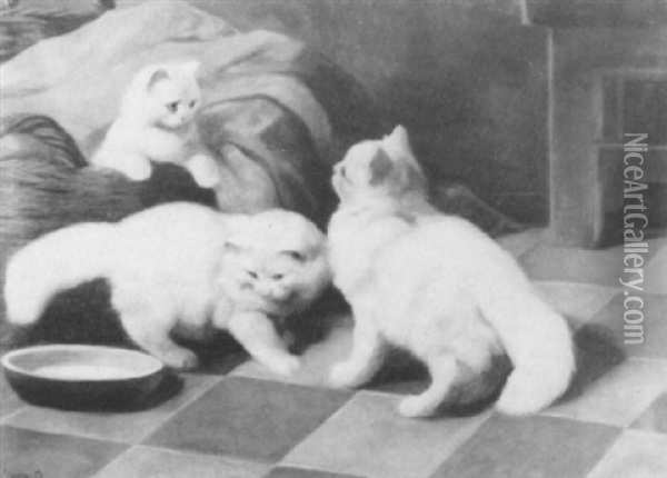 White Persians With A Bowl Of Milk Oil Painting - Arthur Heyer