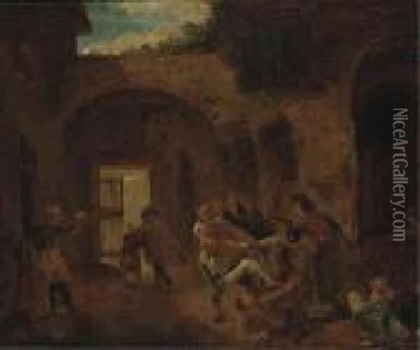 Peasants Skirmishing In An Alleyway Oil Painting - Andries Dirksz. Both