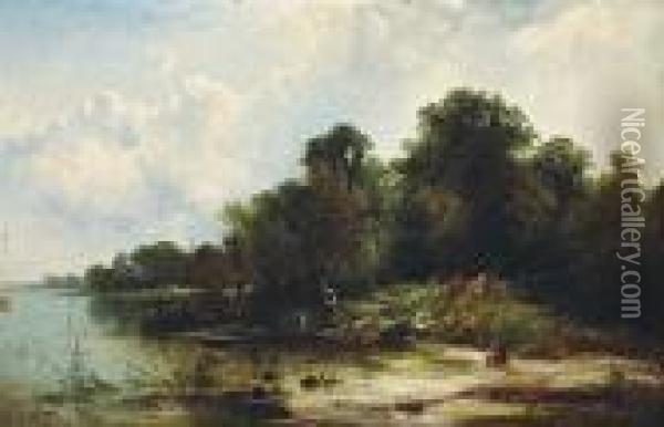 A River Scene With Figures Fishing In A Skiffin The Foreground Oil Painting - George Augustus Williams