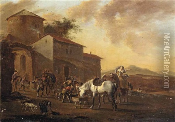 An Italianate Landscape With A Hunting Party Before An Inn Oil Painting - Jacob De Heusch
