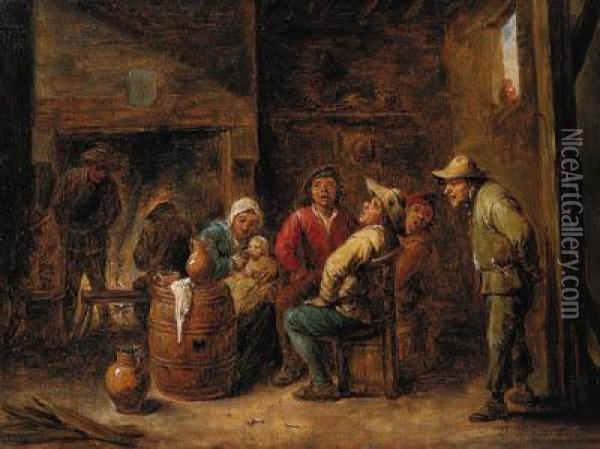 Peasants Singing And A Mother With Her Child In An Interior Oil Painting - David The Younger Teniers