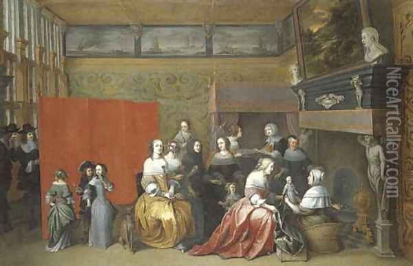 Ladies celebrating the birth of a child, with gentlemen looking on from behind a screen, in an interior Oil Painting - Hieronymus Janssens