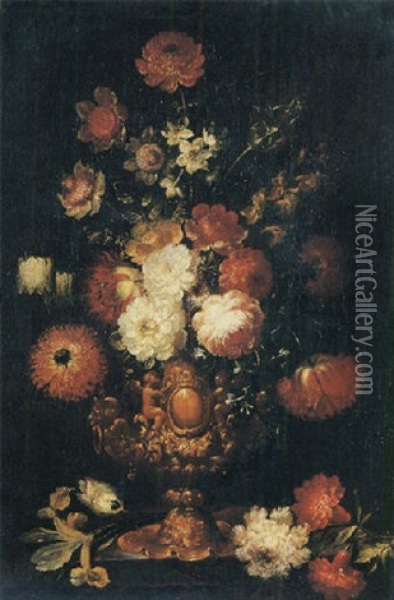 Mixed Flowers In A Bronze Vase On A Ledge Oil Painting - Jan Peeter Brueghel
