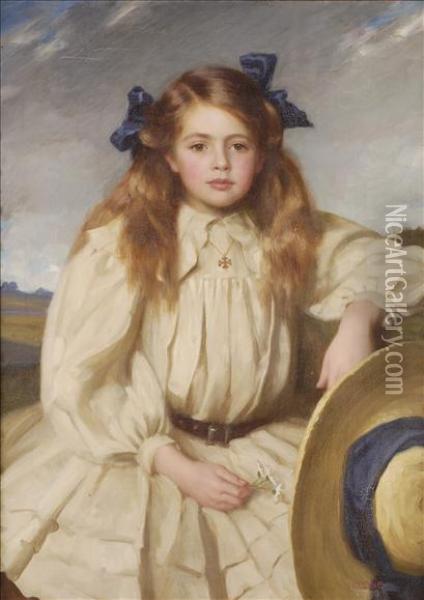 Portrait Of Lilian Norris, Daughter Of Herbert Norris, Costume Designer, And Later Wife Of John Everett Three Quarter Length Seated, A Landscape Beyond Oil Painting - Isaac Cooke