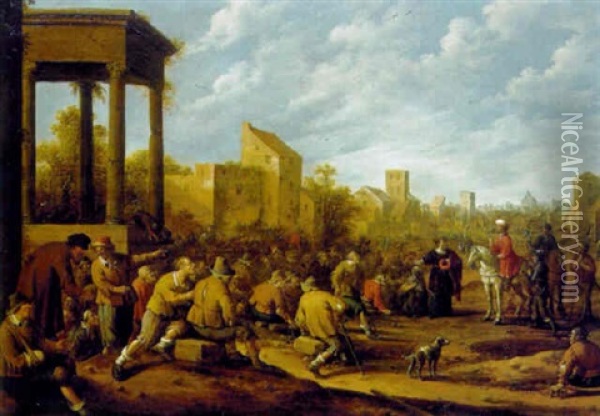 A Priest Interceding On Behalf Of Crippled Peasants To A Mayor On Horseback Oil Painting - Joost Cornelisz. Droochsloot