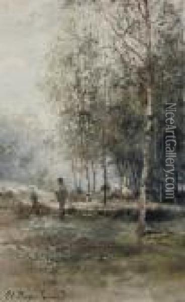 Artist In A Birch Forest Oil Painting - Ivan Pavlovich Pokhitonov