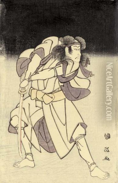 The Actor Ichikawa Danjuro Vi Holding A Sword In A Night Scene Oil Painting - Utagawa Kunimasa