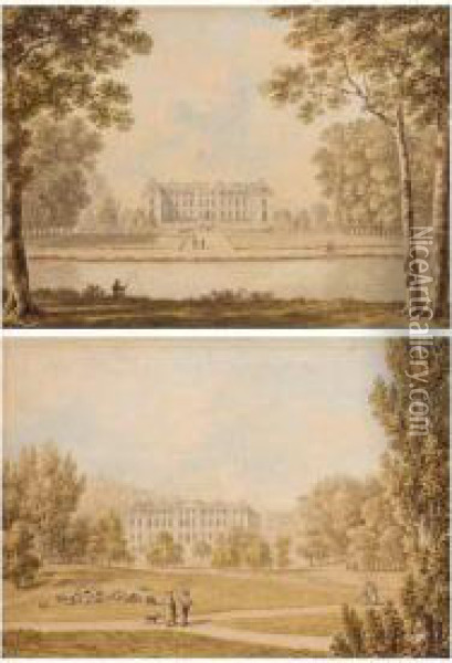 A Chateau Seen From The Front, Beyond A River And Formal Gardens; And The Same Chateau Seen From The Back, Across Parkland With Sheep Grazing Oil Painting - Felice Storelli