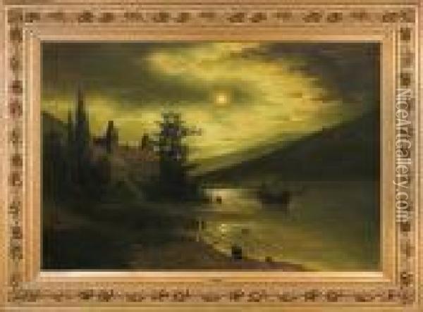 Nocture With A Castle Over The Lake Oil Painting - Fritz Chwala
