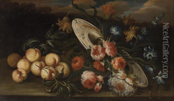 Fiori E Frutta Su Un Piano Con Un Piattodecorato Oil Painting - Giuseppe Lavagna