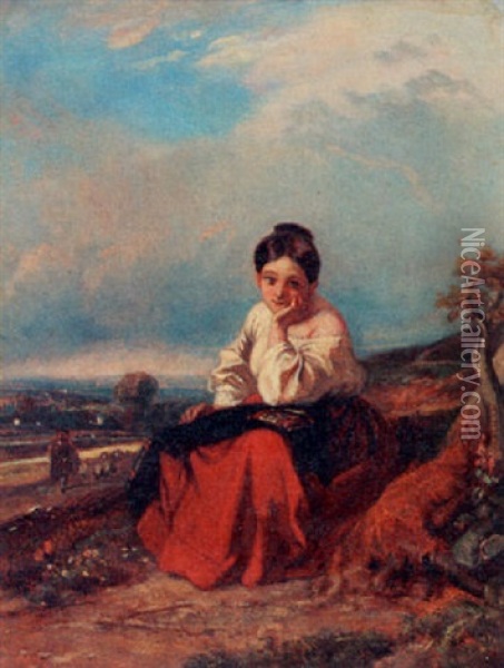 Girl Sitting In A Landscape Oil Painting - Camille Joseph Etienne Roqueplan